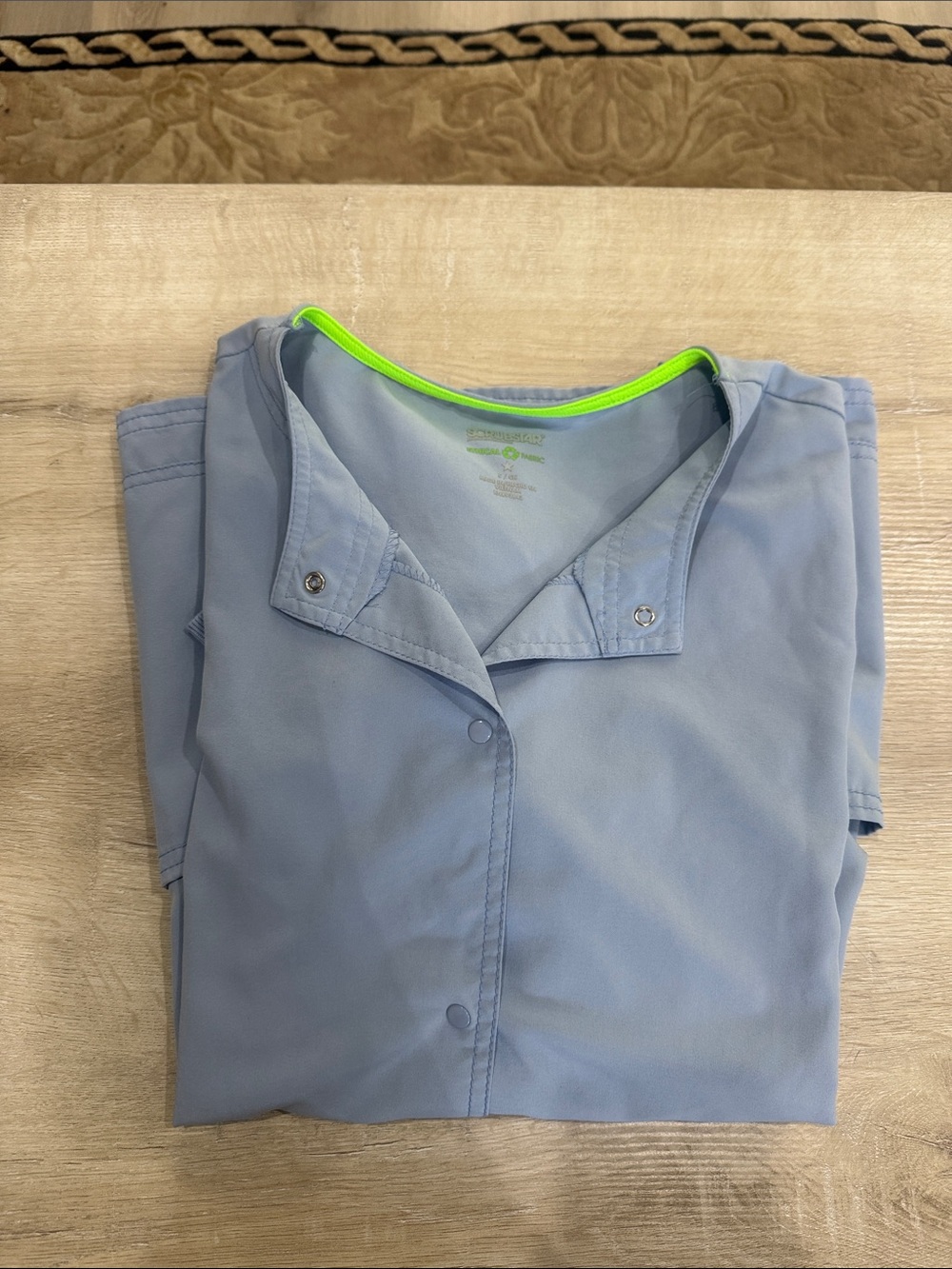 Scrubstar Light Blue Button-Front Medical Top with Neon Green Trim